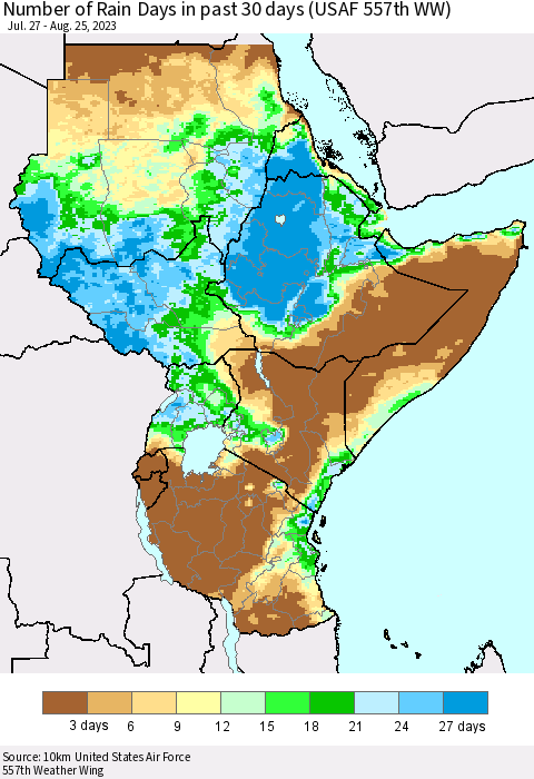 Eastern Africa Number of Rain Days in past 30 days (USAF 557th WW) 08/25/2023 Thematic Map For 8/21/2023 - 8/25/2023