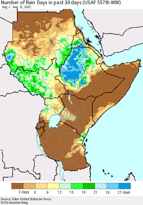 Eastern Africa Number of Rain Days in past 30 days (USAF 557th WW) 08/31/2023 Thematic Map For 8/26/2023 - 8/31/2023