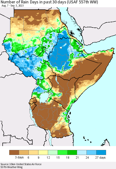 Eastern Africa Number of Rain Days in past 30 days (USAF 557th WW) 09/05/2023 Thematic Map For 9/1/2023 - 9/5/2023