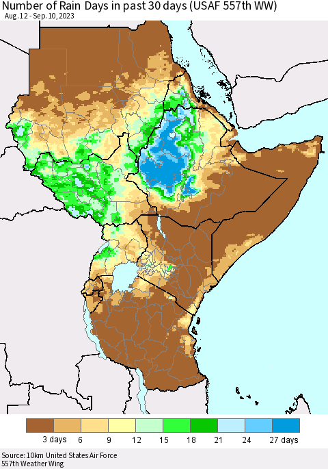 Eastern Africa Number of Rain Days in past 30 days (USAF 557th WW) 09/10/2023 Thematic Map For 9/6/2023 - 9/10/2023