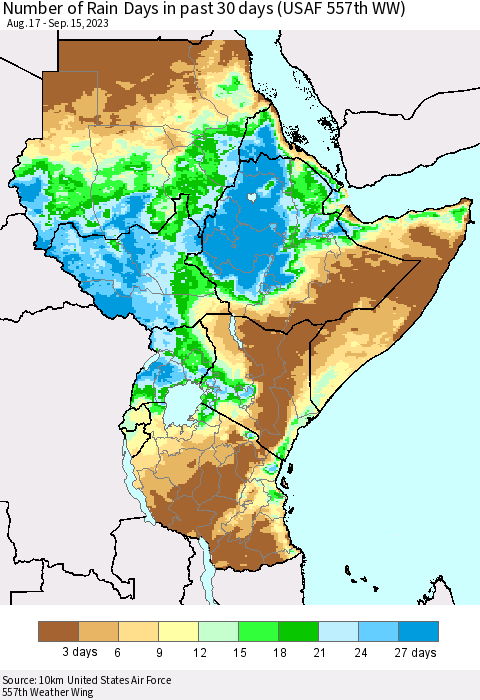 Eastern Africa Number of Rain Days in past 30 days (USAF 557th WW) 09/15/2023 Thematic Map For 9/11/2023 - 9/15/2023