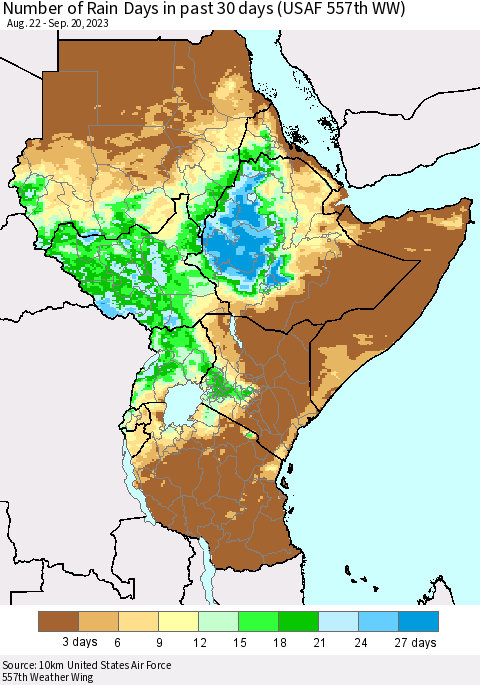 Eastern Africa Number of Rain Days in past 30 days (USAF 557th WW) 09/20/2023 Thematic Map For 9/16/2023 - 9/20/2023