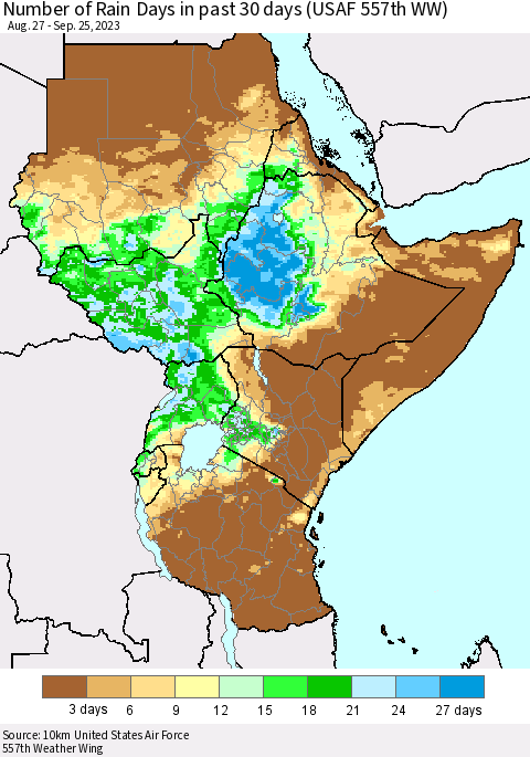 Eastern Africa Number of Rain Days in past 30 days (USAF 557th WW) 09/25/2023 Thematic Map For 9/21/2023 - 9/25/2023