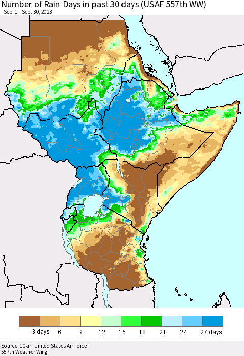 Eastern Africa Number of Rain Days in past 30 days (USAF 557th WW) 09/30/2023 Thematic Map For 9/26/2023 - 9/30/2023