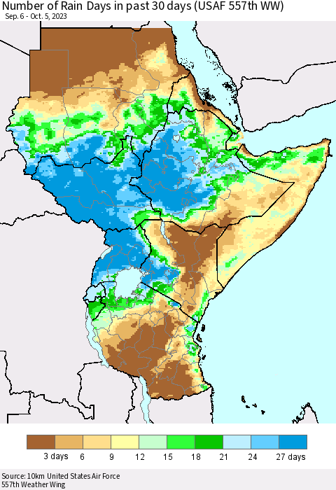 Eastern Africa Number of Rain Days in past 30 days (USAF 557th WW) 10/05/2023 Thematic Map For 10/1/2023 - 10/5/2023