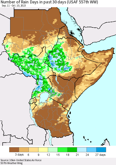 Eastern Africa Number of Rain Days in past 30 days (USAF 557th WW) 10/10/2023 Thematic Map For 10/6/2023 - 10/10/2023