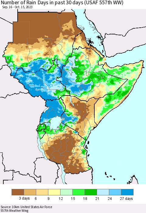 Eastern Africa Number of Rain Days in past 30 days (USAF 557th WW) 10/15/2023 Thematic Map For 10/11/2023 - 10/15/2023