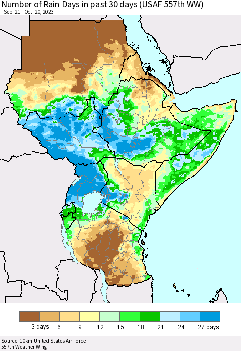 Eastern Africa Number of Rain Days in past 30 days (USAF 557th WW) 10/20/2023 Thematic Map For 10/16/2023 - 10/20/2023