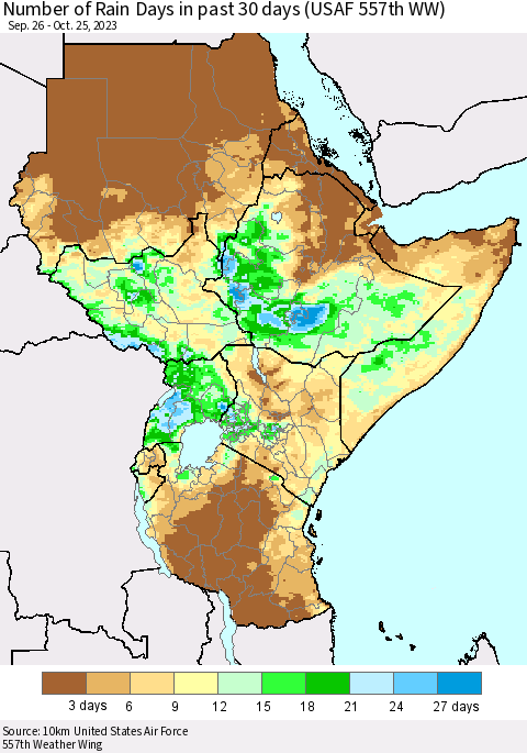 Eastern Africa Number of Rain Days in past 30 days (USAF 557th WW) 10/25/2023 Thematic Map For 10/21/2023 - 10/25/2023