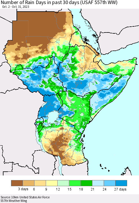 Eastern Africa Number of Rain Days in past 30 days (USAF 557th WW) 10/31/2023 Thematic Map For 10/26/2023 - 10/31/2023