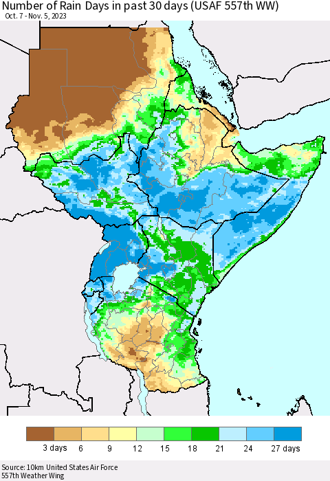 Eastern Africa Number of Rain Days in past 30 days (USAF 557th WW) 11/05/2023 Thematic Map For 11/1/2023 - 11/5/2023