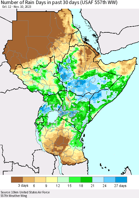 Eastern Africa Number of Rain Days in past 30 days (USAF 557th WW) 11/10/2023 Thematic Map For 11/6/2023 - 11/10/2023