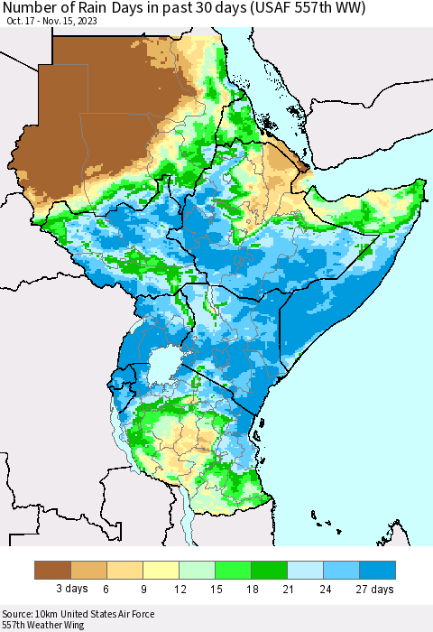 Eastern Africa Number of Rain Days in past 30 days (USAF 557th WW) 11/15/2023 Thematic Map For 11/11/2023 - 11/15/2023