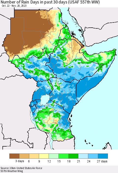 Eastern Africa Number of Rain Days in past 30 days (USAF 557th WW) 11/20/2023 Thematic Map For 11/16/2023 - 11/20/2023