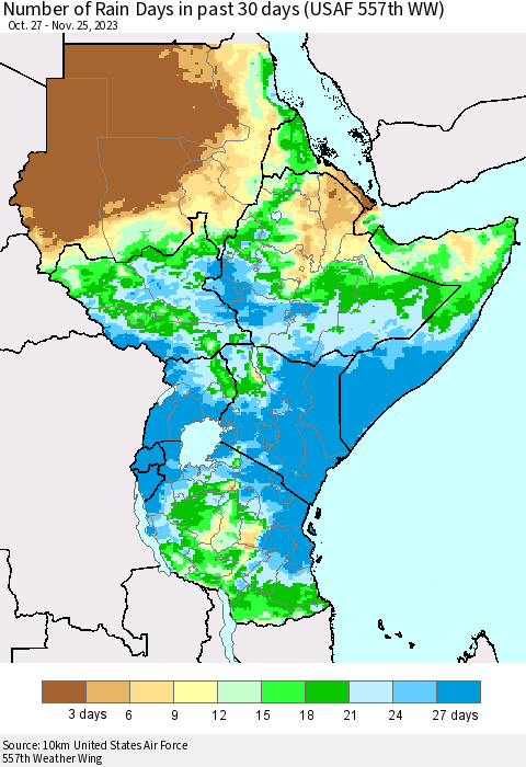 Eastern Africa Number of Rain Days in past 30 days (USAF 557th WW) 11/25/2023 Thematic Map For 11/21/2023 - 11/25/2023
