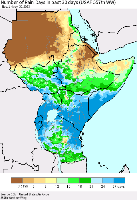 Eastern Africa Number of Rain Days in past 30 days (USAF 557th WW) 11/30/2023 Thematic Map For 11/26/2023 - 11/30/2023