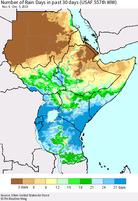 Eastern Africa Number of Rain Days in past 30 days (USAF 557th WW) 12/05/2023 Thematic Map For 12/1/2023 - 12/5/2023