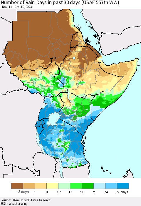 Eastern Africa Number of Rain Days in past 30 days (USAF 557th WW) 12/10/2023 Thematic Map For 12/6/2023 - 12/10/2023