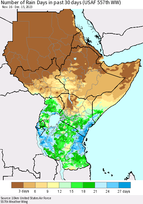 Eastern Africa Number of Rain Days in past 30 days (USAF 557th WW) 12/15/2023 Thematic Map For 12/11/2023 - 12/15/2023