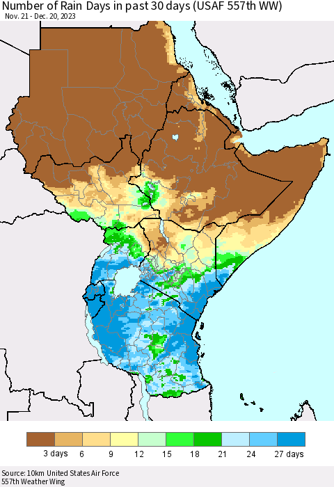 Eastern Africa Number of Rain Days in past 30 days (USAF 557th WW) 12/20/2023 Thematic Map For 12/16/2023 - 12/20/2023