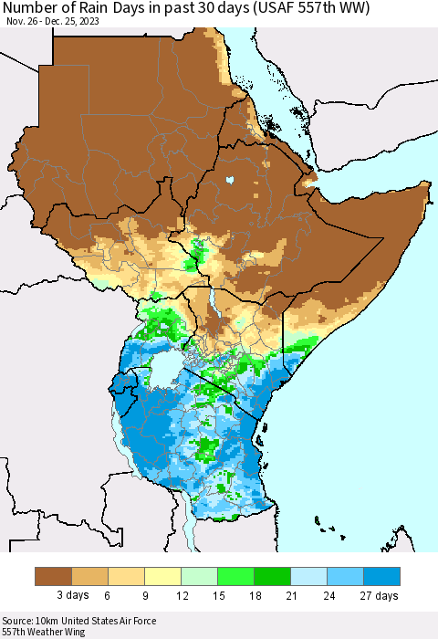 Eastern Africa Number of Rain Days in past 30 days (USAF 557th WW) 12/25/2023 Thematic Map For 12/21/2023 - 12/25/2023