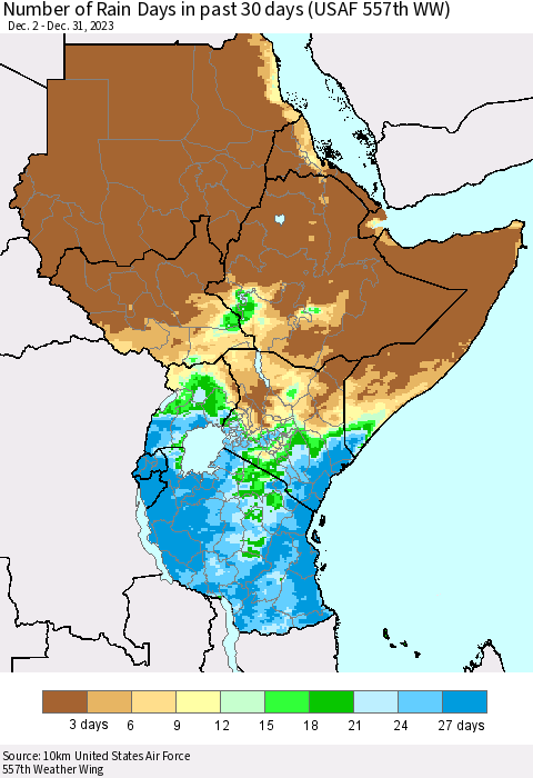 Eastern Africa Number of Rain Days in past 30 days (USAF 557th WW) 12/31/2023 Thematic Map For 12/26/2023 - 12/31/2023