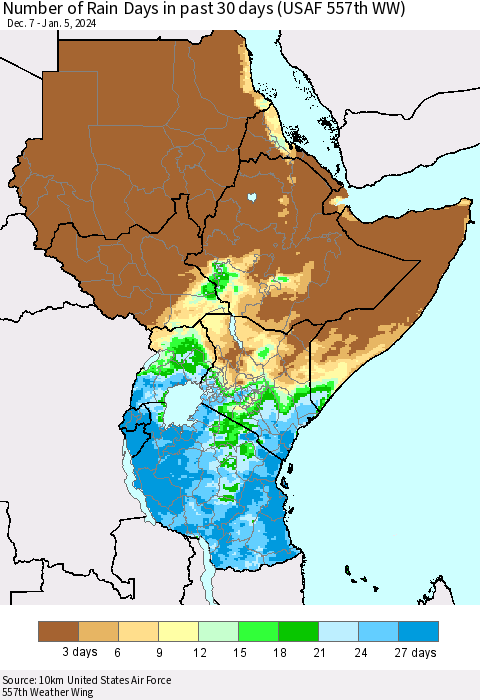 Eastern Africa Number of Rain Days in past 30 days (USAF 557th WW) 01/05/2024 Thematic Map For 1/1/2024 - 1/5/2024