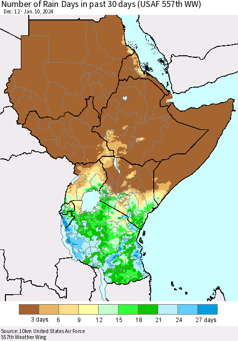 Eastern Africa Number of Rain Days in past 30 days (USAF 557th WW) 01/10/2024 Thematic Map For 1/6/2024 - 1/10/2024