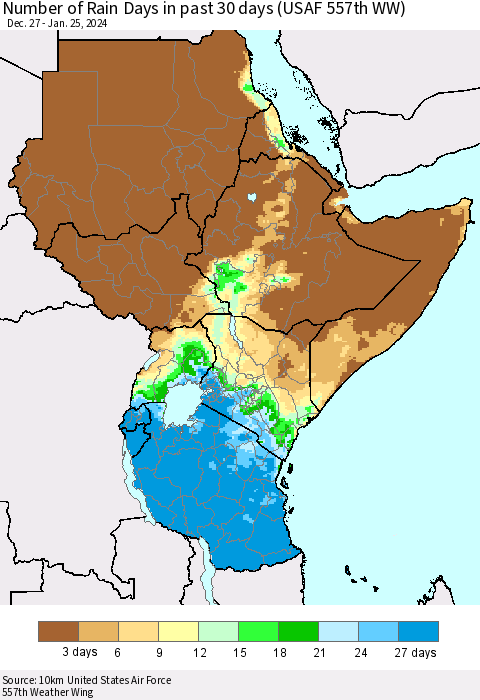Eastern Africa Number of Rain Days in past 30 days (USAF 557th WW) 01/25/2024 Thematic Map For 1/21/2024 - 1/25/2024