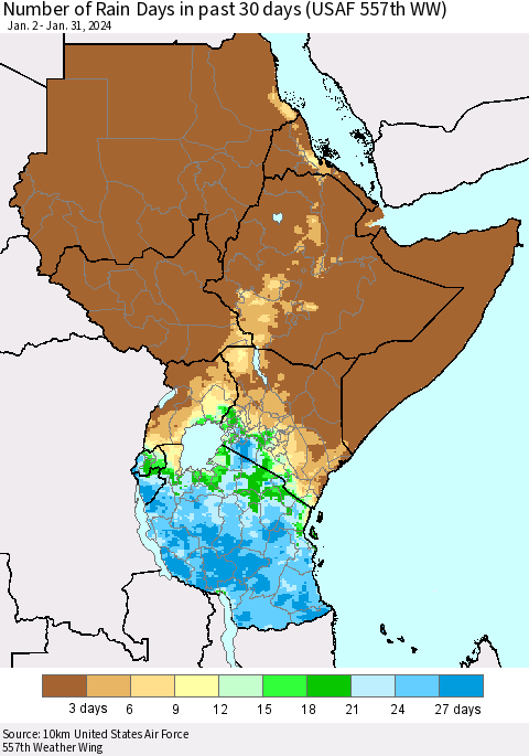 Eastern Africa Number of Rain Days in past 30 days (USAF 557th WW) 01/31/2024 Thematic Map For 1/26/2024 - 1/31/2024