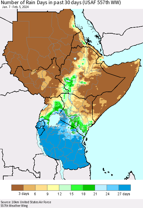 Eastern Africa Number of Rain Days in past 30 days (USAF 557th WW) 02/05/2024 Thematic Map For 2/1/2024 - 2/5/2024