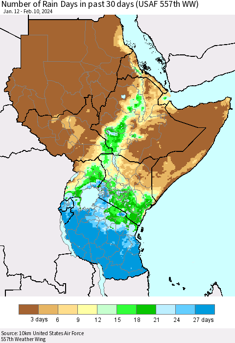 Eastern Africa Number of Rain Days in past 30 days (USAF 557th WW) 02/10/2024 Thematic Map For 2/6/2024 - 2/10/2024
