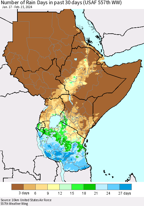 Eastern Africa Number of Rain Days in past 30 days (USAF 557th WW) 02/15/2024 Thematic Map For 2/11/2024 - 2/15/2024
