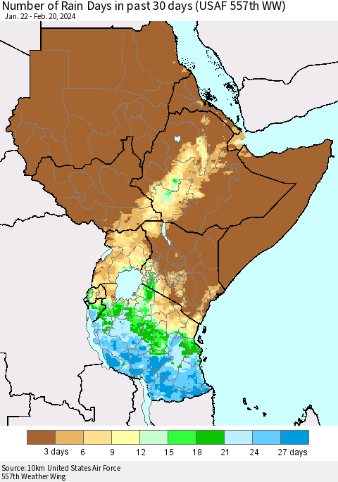 Eastern Africa Number of Rain Days in past 30 days (USAF 557th WW) 02/20/2024 Thematic Map For 2/16/2024 - 2/20/2024