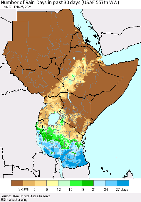 Eastern Africa Number of Rain Days in past 30 days (USAF 557th WW) 02/25/2024 Thematic Map For 2/21/2024 - 2/25/2024