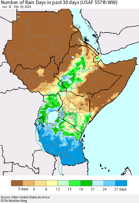 Eastern Africa Number of Rain Days in past 30 days (USAF 557th WW) 02/29/2024 Thematic Map For 2/26/2024 - 2/29/2024