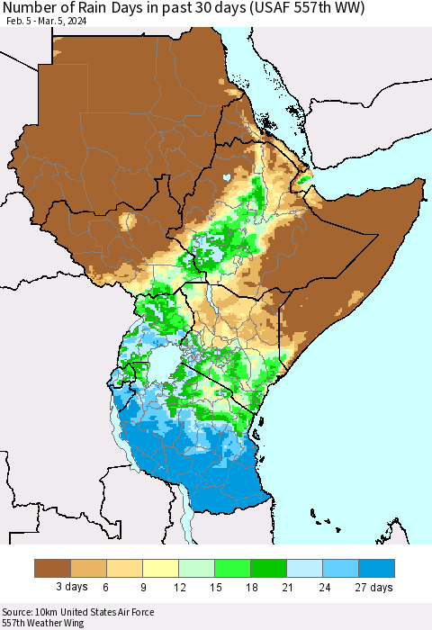 Eastern Africa Number of Rain Days in past 30 days (USAF 557th WW) 03/05/2024 Thematic Map For 3/1/2024 - 3/5/2024
