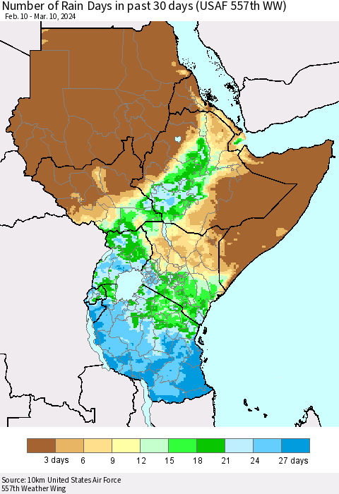 Eastern Africa Number of Rain Days in past 30 days (USAF 557th WW) 03/10/2024 Thematic Map For 3/6/2024 - 3/10/2024