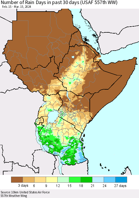 Eastern Africa Number of Rain Days in past 30 days (USAF 557th WW) 03/15/2024 Thematic Map For 3/11/2024 - 3/15/2024