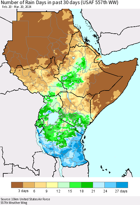 Eastern Africa Number of Rain Days in past 30 days (USAF 557th WW) 03/20/2024 Thematic Map For 3/16/2024 - 3/20/2024
