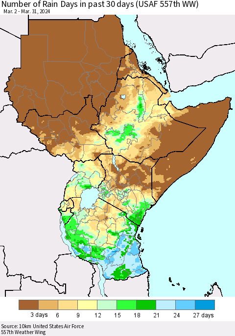 Eastern Africa Number of Rain Days in past 30 days (USAF 557th WW) 03/31/2024 Thematic Map For 3/26/2024 - 3/31/2024