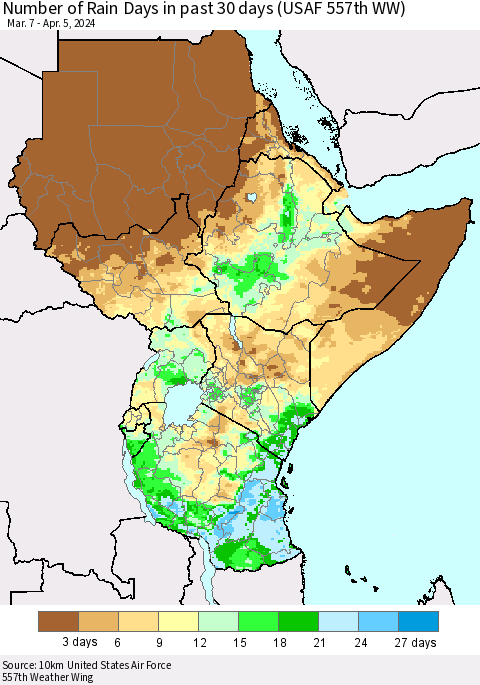 Eastern Africa Number of Rain Days in past 30 days (USAF 557th WW) 04/05/2024 Thematic Map For 4/1/2024 - 4/5/2024
