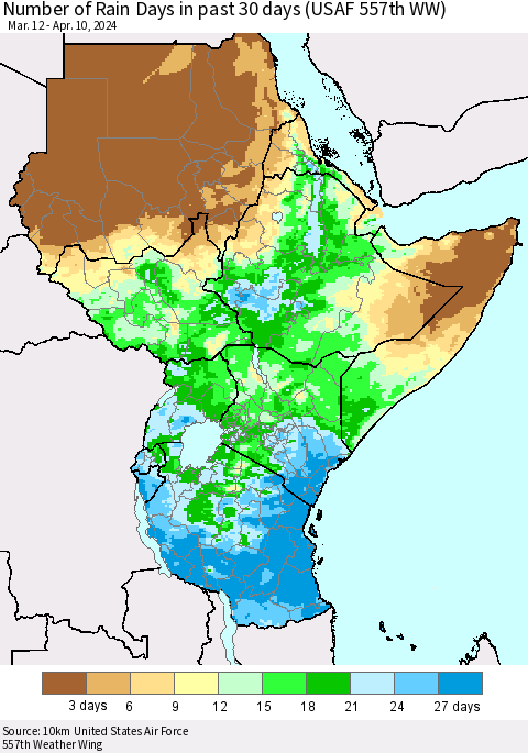 Eastern Africa Number of Rain Days in past 30 days (USAF 557th WW) 04/10/2024 Thematic Map For 4/6/2024 - 4/10/2024