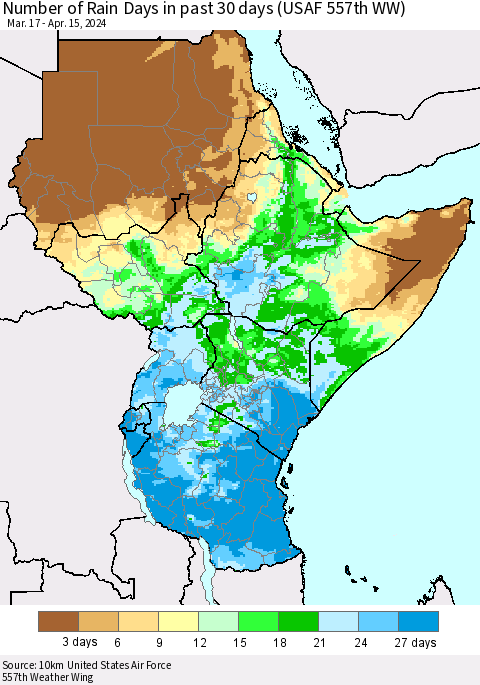 Eastern Africa Number of Rain Days in past 30 days (USAF 557th WW) 04/15/2024 Thematic Map For 4/11/2024 - 4/15/2024