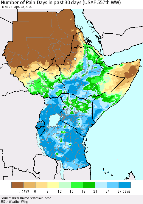 Eastern Africa Number of Rain Days in past 30 days (USAF 557th WW) 04/20/2024 Thematic Map For 4/16/2024 - 4/20/2024