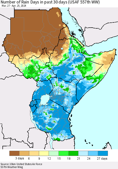 Eastern Africa Number of Rain Days in past 30 days (USAF 557th WW) 04/25/2024 Thematic Map For 4/21/2024 - 4/25/2024