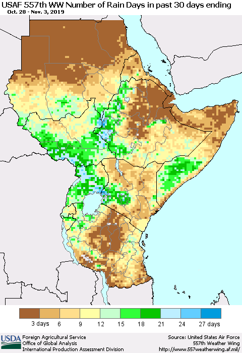 Eastern Africa Number of Rain Days in past 30 days (USAF 557th WW) 11/03/2019 Thematic Map For 10/28/2019 - 11/3/2019