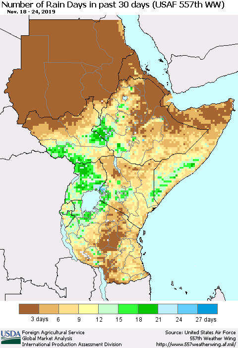 Eastern Africa Number of Rain Days in past 30 days (USAF 557th WW) 11/24/2019 Thematic Map For 11/18/2019 - 11/24/2019