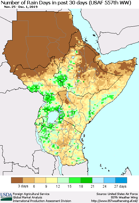 Eastern Africa Number of Rain Days in past 30 days (USAF 557th WW) 12/01/2019 Thematic Map For 11/25/2019 - 12/1/2019