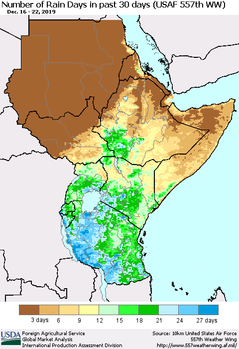 Eastern Africa Number of Rain Days in past 30 days (USAF 557th WW) 12/22/2019 Thematic Map For 12/16/2019 - 12/22/2019